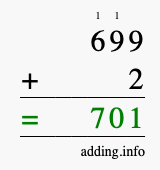 Calculate 699 + 2 using long addition