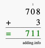 Calculate 708 + 3 using long addition
