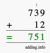 Calculate 739 + 12 using long addition