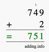 Calculate 749 + 2 using long addition