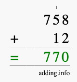 Calculate 758 + 12 using long addition