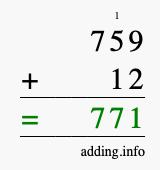 Calculate 759 + 12 using long addition