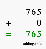 Calculate 765 + 0 using long addition