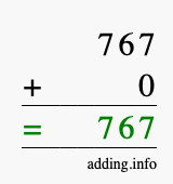 Calculate 767 + 0 using long addition