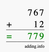 Calculate 767 + 12 using long addition