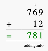 Calculate 769 + 12 using long addition