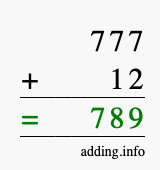 Calculate 777 + 12 using long addition
