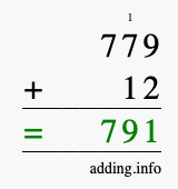 Calculate 779 + 12 using long addition