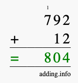 Calculate 792 + 12 using long addition