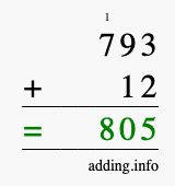 Calculate 793 + 12 using long addition