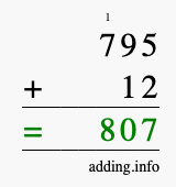 Calculate 795 + 12 using long addition