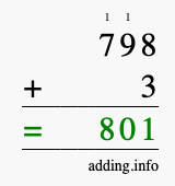 Calculate 798 + 3 using long addition