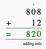 Calculate 808 + 12 using long addition