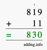 Calculate 819 + 11 using long addition