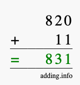 Calculate 820 + 11 using long addition