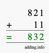 Calculate 821 + 11 using long addition