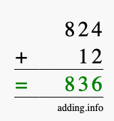 Calculate 824 + 12 using long addition