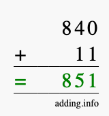 Calculate 840 + 11 using long addition