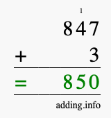 Calculate 847 + 3 using long addition