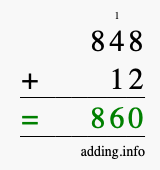 Calculate 848 + 12 using long addition