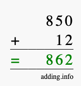 Calculate 850 + 12 using long addition