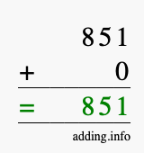 Calculate 851 + 0 using long addition