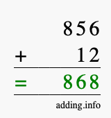 Calculate 856 + 12 using long addition