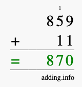 Calculate 859 + 11 using long addition