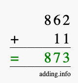 Calculate 862 + 11 using long addition