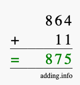 Calculate 864 + 11 using long addition