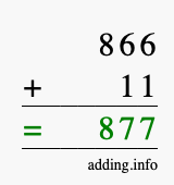 Calculate 866 + 11 using long addition