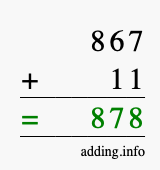 Calculate 867 + 11 using long addition