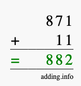 Calculate 871 + 11 using long addition