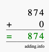 Calculate 874 + 0 using long addition