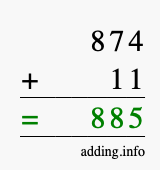Calculate 874 + 11 using long addition