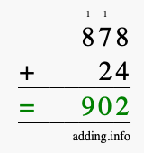 Calculate 878 + 24 using long addition