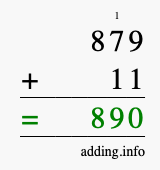 Calculate 879 + 11 using long addition