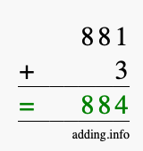 Calculate 881 + 3 using long addition