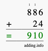 Calculate 886 + 24 using long addition