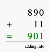 Calculate 890 + 11 using long addition