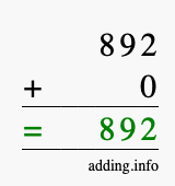 Calculate 892 + 0 using long addition