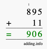 Calculate 895 + 11 using long addition