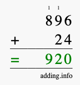 Calculate 896 + 24 using long addition