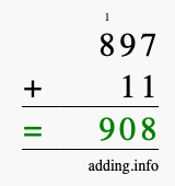 Calculate 897 + 11 using long addition