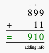 Calculate 899 + 11 using long addition