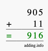 Calculate 905 + 11 using long addition