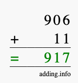 Calculate 906 + 11 using long addition