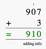 Calculate 907 + 3 using long addition
