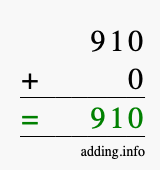 Calculate 910 + 0 using long addition