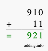 Calculate 910 + 11 using long addition